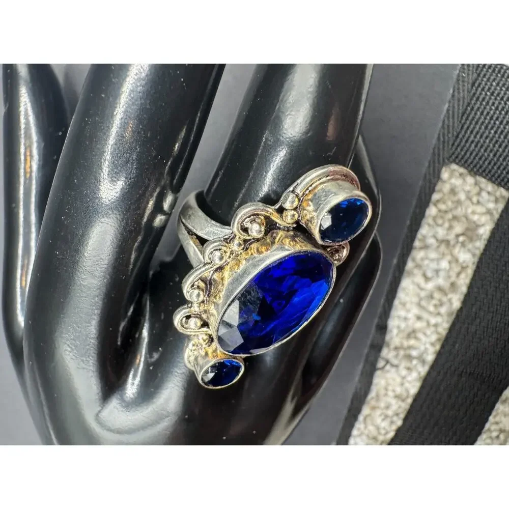Vtg Blue Sapphire 925 Sterling Silver Jewelry Statement Cocktail Ring Sz 7.5